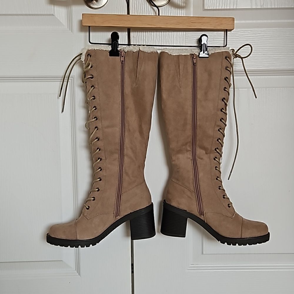 Just Fab Asher Sherpa-Lined Lace-Up Heel Boots Taupe 8.5